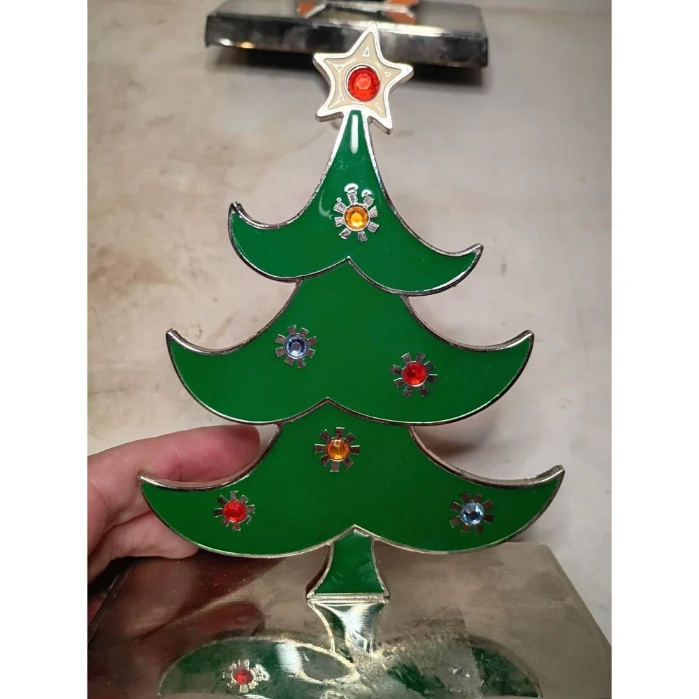 Enamel Metal Stocking Hanger Penguin & Christmas Tree